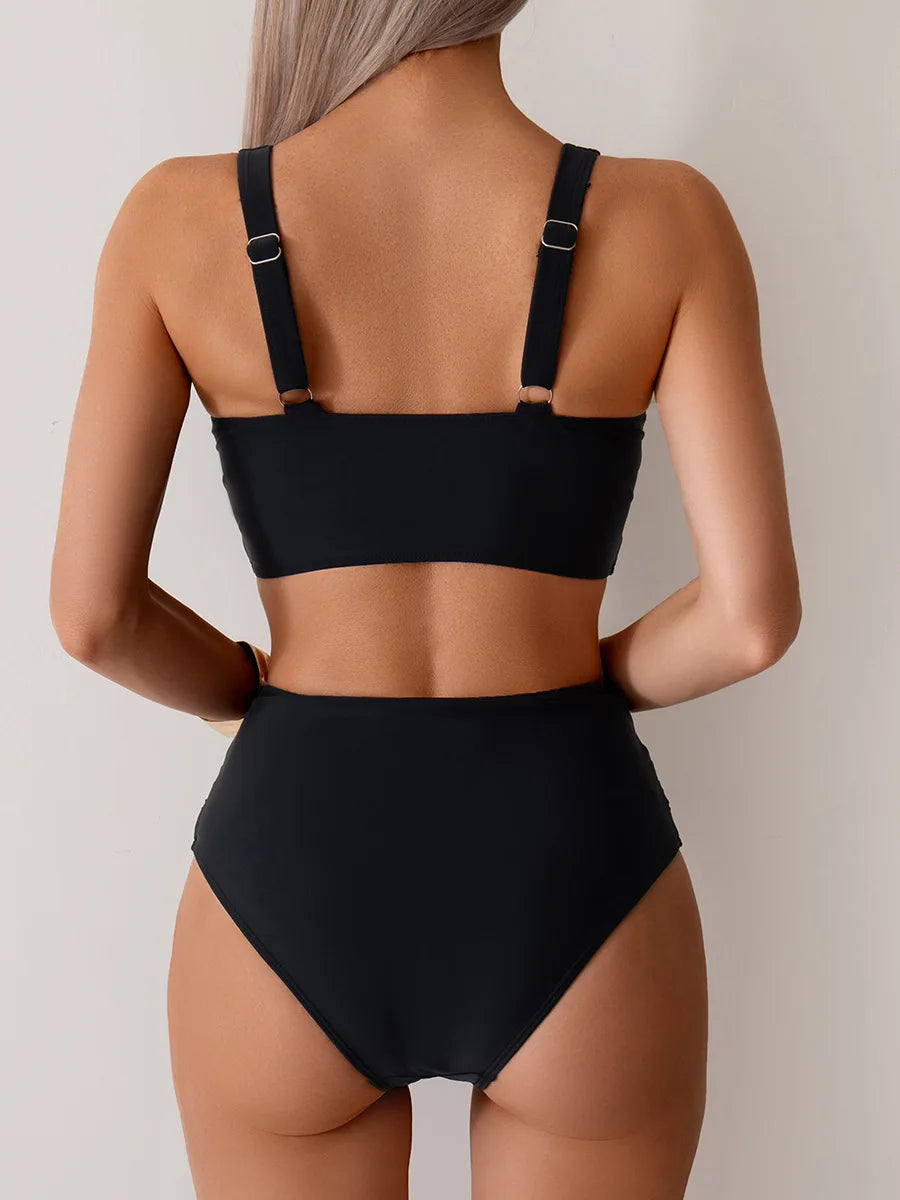 Women's Bikini Sets Two Piece Swimsuit High Waisted V Neck Twist Front Adjustable Spaghetti Straps Bathing Suit