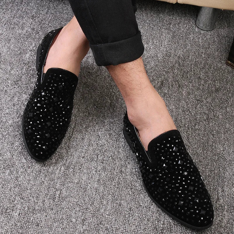 Black Luxury Men Dress Shoes Designer Spikes Loafers Shoes Denim Metal Sequins Footwear High Quality Casual Men Leather Shoes