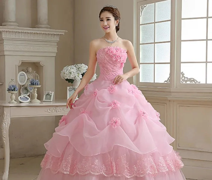 Customized Pink/White/Red Bride Wedding Dress Lace Up Tube Top Floor-length Wedding Dresses Plus Size Flower Dresses Ball Gowns