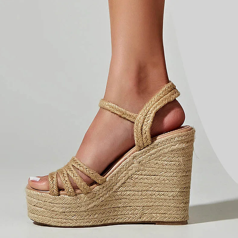 EAGSITY Espadrilles Spring summer bohemian wedges platform peep toe women sandals ankle strap high heel casual shoes pumps