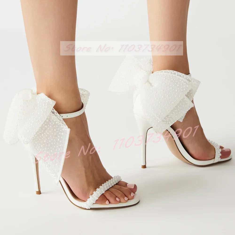 Big Butterfly-Knot Crystals Wedding Sandals Women Elegant Pearl Round Toe High Heels Shoes Lady Ankle Strap Party Trendy Sandals