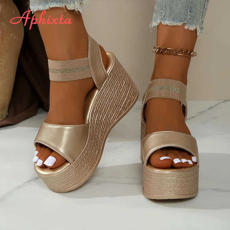 Aphixta Wedge Sandals Peep Toe Elastic Band Shoes Woman Platform Fashion 9cm Golden Summer Super High Heel Shoes Female Sandal
