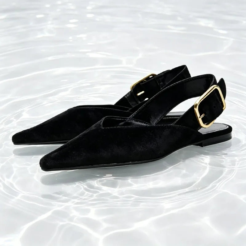 Fashion Back Strap Metal Buckle Flat Pumps Women Retro Brown Faux Suede Pointed Toe Slingback Loafers Comfortable Women Shoes