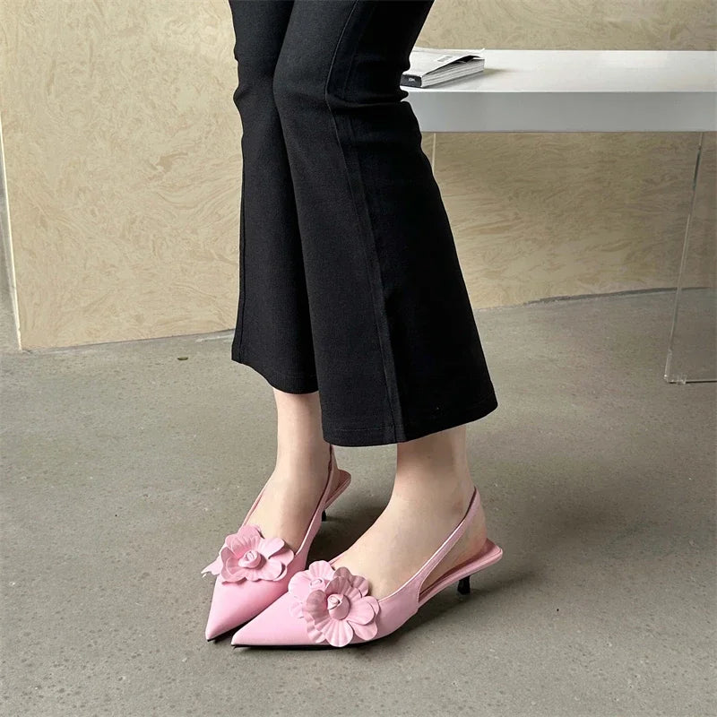 Eilyken Fashion Sexy Flower Pointed Toe Thin Low Heels Pumps Women Elegant Wedding Slingback Mules Shoes Zapatos De Mujer