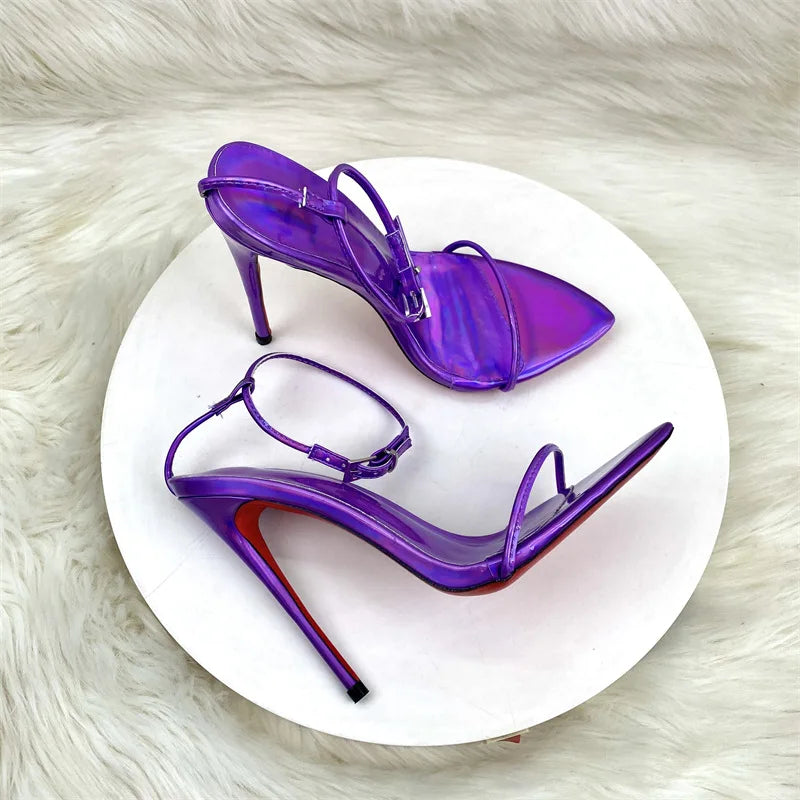 2025 Summer New Laser Purple Fashion Ultra fine One line Buckle with Thin Heels Sandals Sexy Fashion Large Size