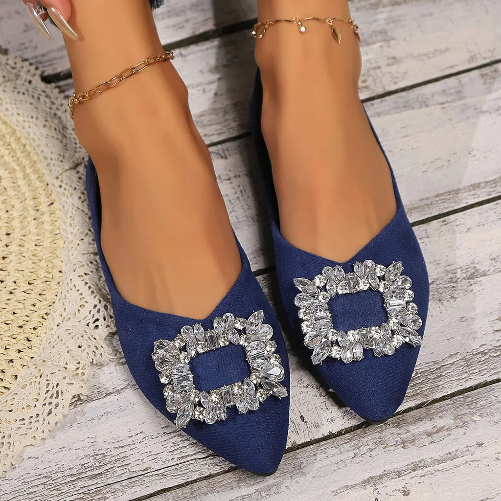 2024 New Spring and Autumn Flat Shoes Women's Shoes Pointed Diamond Metal Square Buckle Single Shoes