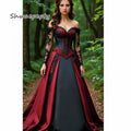 Off Shoulder Long Sleeves Gothic Wedding Dress Dark Red And Black Lace Appliques A-Line Vintage Bridal Gown Customized 2026