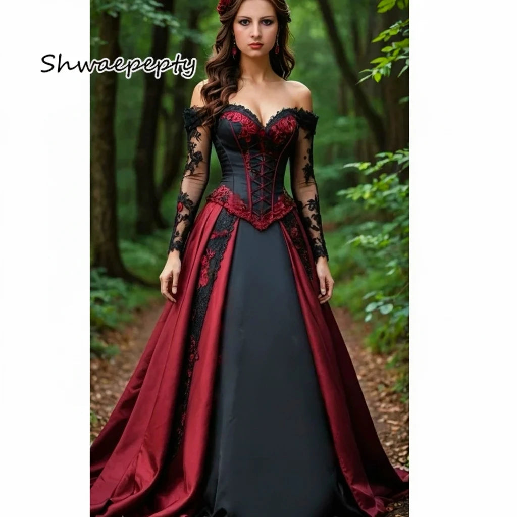Off Shoulder Long Sleeves Gothic Wedding Dress Dark Red And Black Lace Appliques A-Line Vintage Bridal Gown Customized 2026