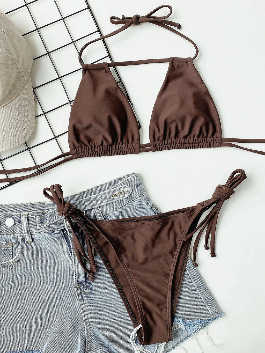 2026 Sexy Solid Bandage Bikini Halter Strappy Swimwear Women Swimsuit Female Two Pieces Bikini Set Low Waist Bathing Suit Bather