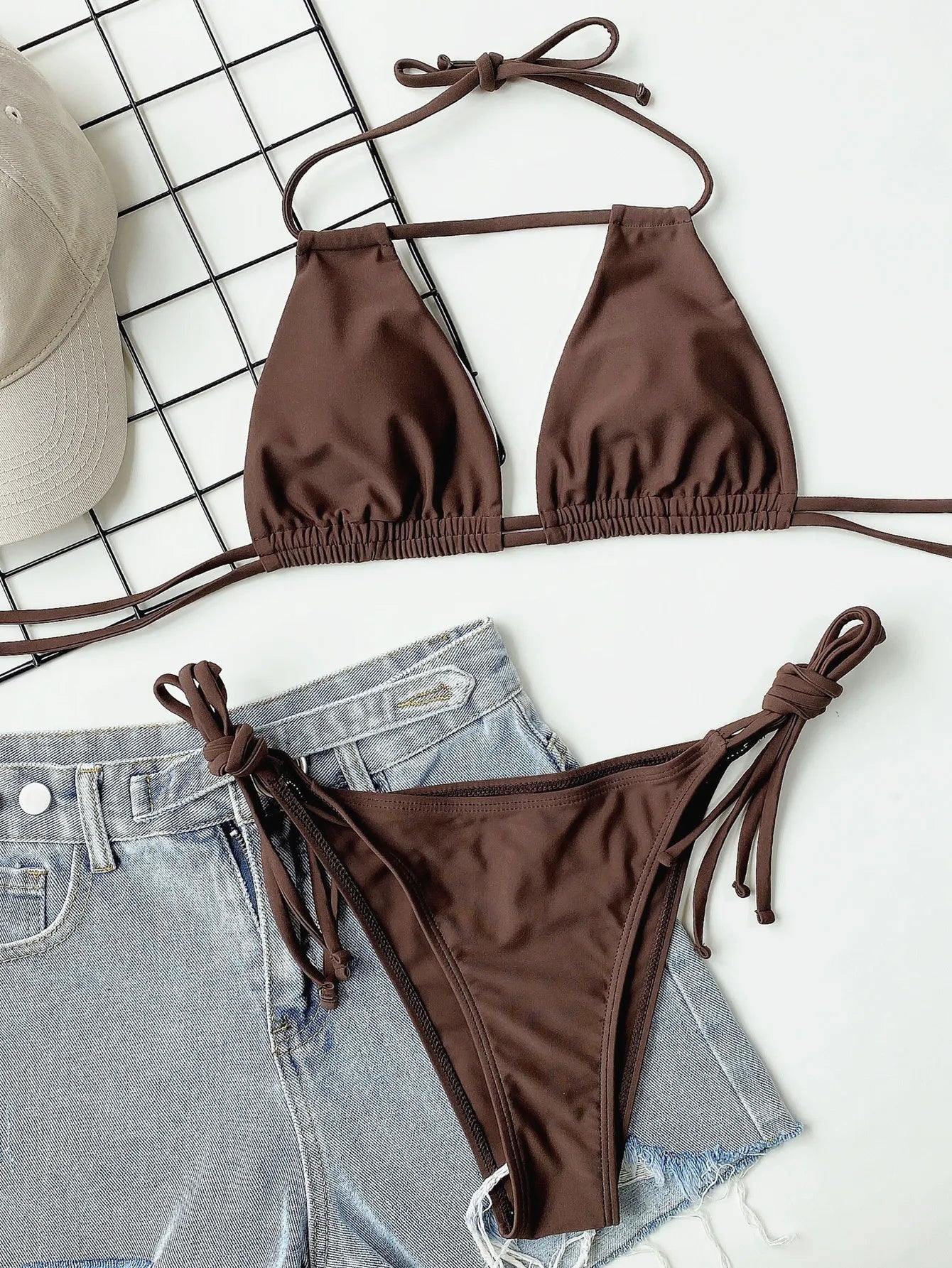 2026 Sexy Solid Bandage Bikini Halter Strappy Swimwear Women Swimsuit Female Two Pieces Bikini Set Low Waist Bathing Suit Bather