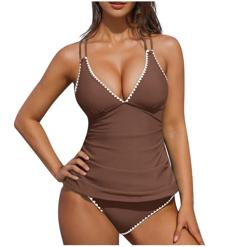 Women Tankini Swimsuit Color Block Tummy Control V Neck Push Up Top High Waisted Swim Bottom 2026 Summer Two Piece Bathing Suit