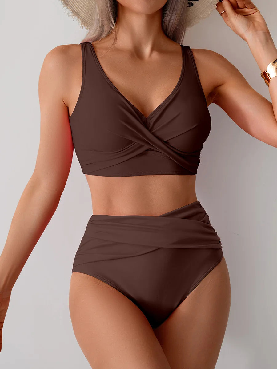 Women's Bikini Sets Two Piece Swimsuit High Waisted V Neck Twist Front Adjustable Spaghetti Straps Bathing Suit