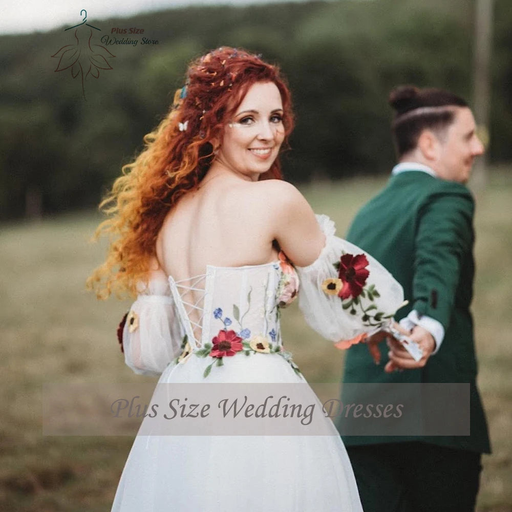 Customized Flowers Wedding Dresses Plus Size Sweetheart Neck Puff Sleeves Bride Gowns Floor Length Tulle A-Line Vestido De Noiva
